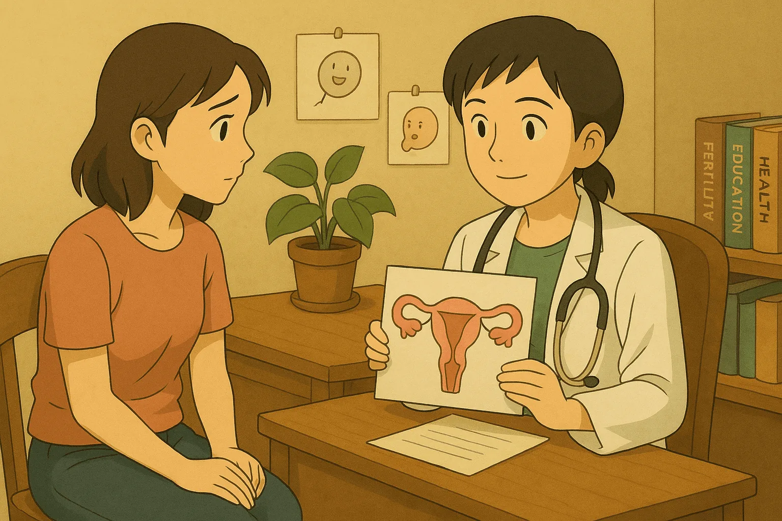 infographie d'un docteur expliquant un gamète à sa patiente avec l'illustration d'un utérus par le Pr Nathalie Massin