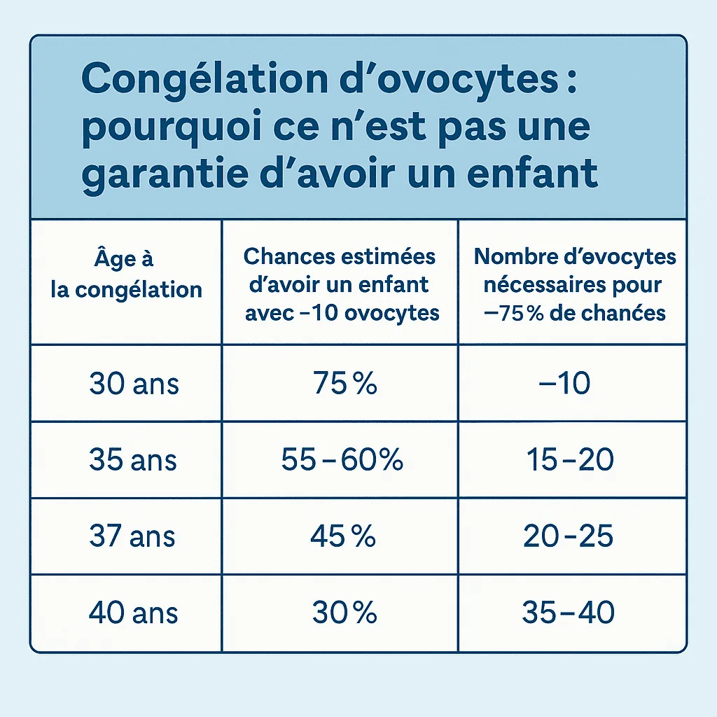 Tableau comparatif des chances d'avoir un enfant en fonction de l'âge de la congélation