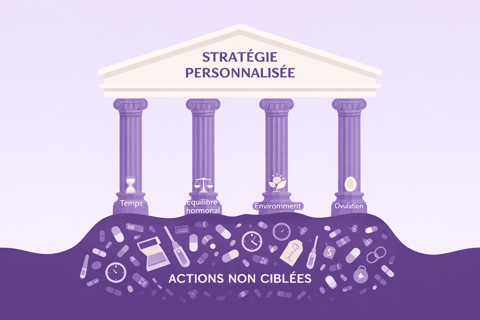 Infographie expliquant les 4 piliers de la Fertilité : temps, équilibré hormonal, environnement, ovulation formant la stratégie personnalisée pour optimiser sa fertilité.