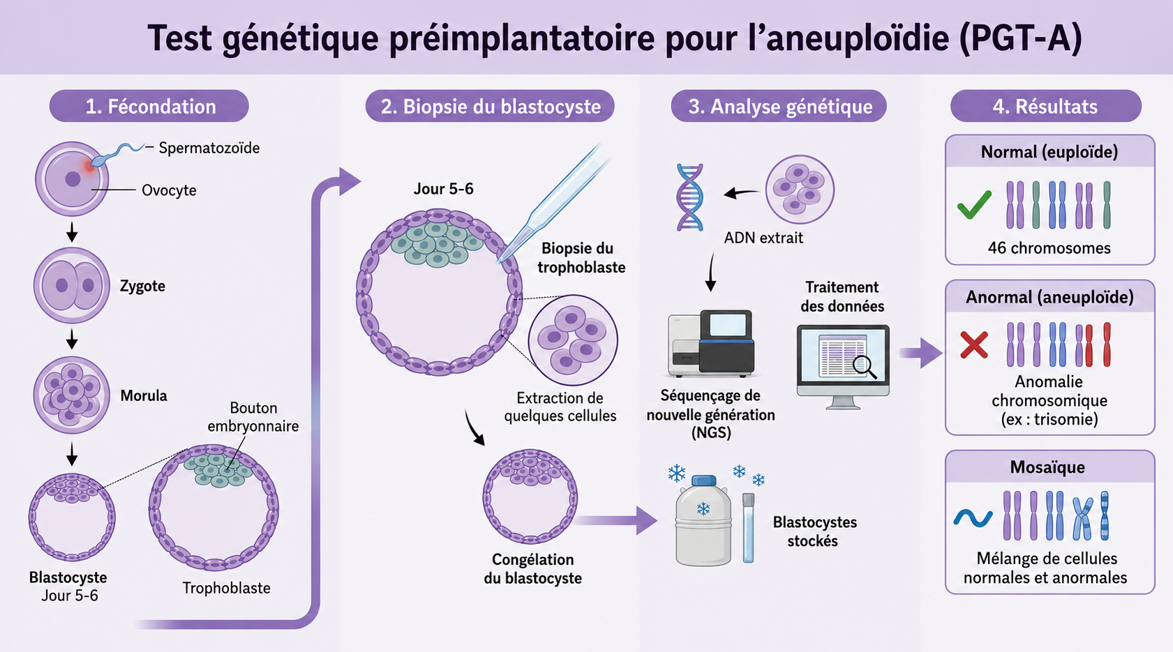 Schéma du test génétique préimplantatoire pour l'aneuploîdie. (DPI-A)